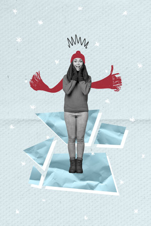 Image sketch collage of surprised girl walking street snowy frosty cold winter weather isolated on drawing backgroundの写真素材