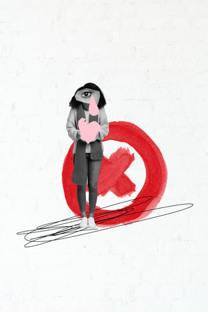 Vertical photo collage of anonym girl instead head eyeball cry tear cross broke heart divorce depression isolated on painted backgroundの写真素材