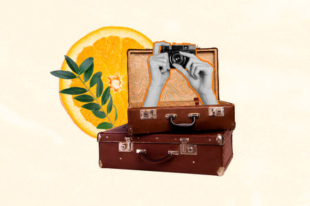 Exotic fruits country turkey excursion collage hands shooting sightseeing beautiful location few baggage cases isolated on beige backgroundの写真素材