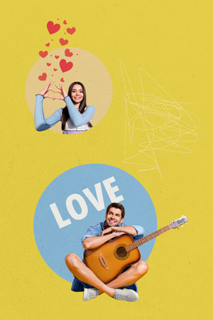 Vertical photo collage of two happy girl guy couple heart icon guitar romance music love gesture showing isolated on painted backgroundの写真素材
