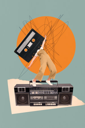 Vertical photo collage of anonym girl instead head retro tape melody boombox recorder event...