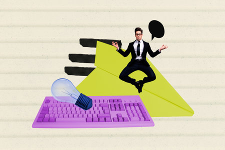 Composite photo collage of serious businessman do yoga retreat mediation light bulb idea finding keypad isolated on painted backgroundの写真素材
