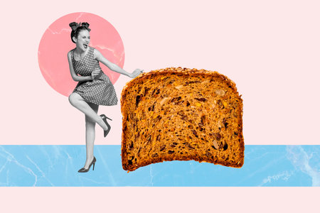 Sketch template design photo collage composite of party dance young lady pop fashion dress bread eat food hungry dieting breakfast bakedの写真素材