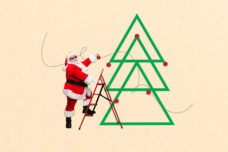 Creative template art photo collage of happy old man santa claus climb ladder decorate new year tree toy xmas on beige backgroundの写真素材
