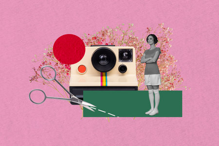 Composite photo collage of happy sportive girl retro camera paparazzi interview wildflower bloom cut isolated on painted backgroundの写真素材