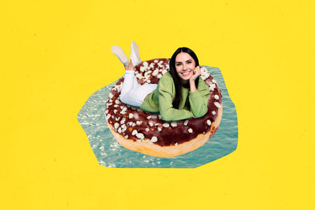 Composite photo collage of happy girl swim lifebuoy donut sweet pastry summer resort confectionary...