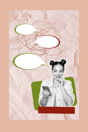 Vertical photo collage of happy girl hold phone receive bubble message correspondence app messenger...
