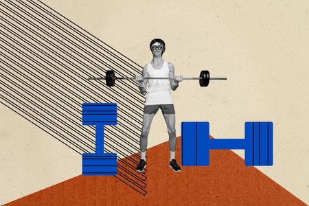 Creative photo collage picture young sportsman lift dumbbell muscles intense workout training practice gym drawing backgroundの写真素材