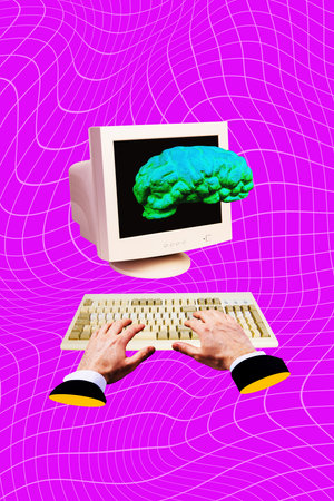 Vertical photo collage of hands type computer keyboard brain icon screen ai app technology smart helper isolated on painted backgroundの写真素材