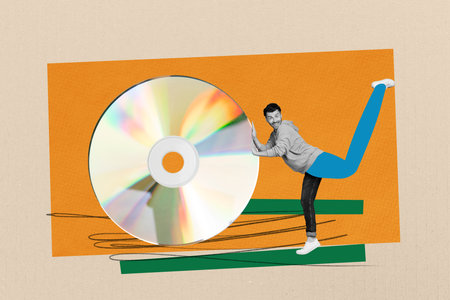 Composite trend artwork 3D sketch image photo collage of computer technology data digital kilobyte young man pull push memory dvd diskの写真素材