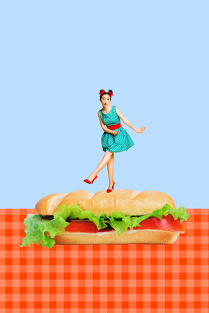 Creative trend artwork design 3D collage sketch of surreal miniature young woman pinup style kitchen cooking sandwich dance hungryの写真素材