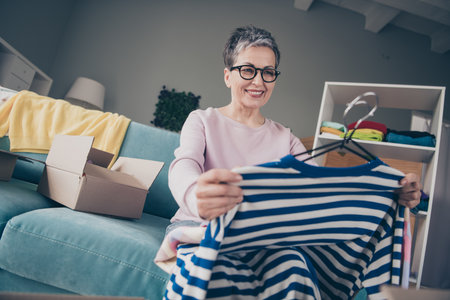Photo of pretty cheerful lady wear pink sweatshirt enjoyng getting new clothes orders indoors room...