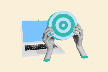 Composite photo collage of hands hold target darts goal freelancer development laptop device success...