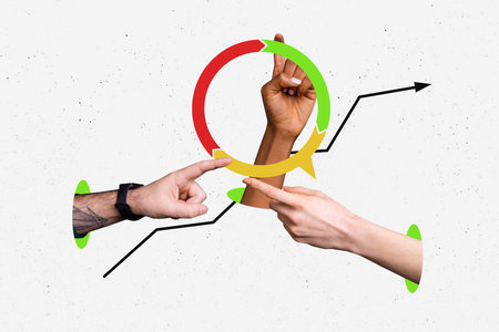 Creative collage picture hands body fragments infographic business project management results achieve goal target fingers pointing gestureの写真素材