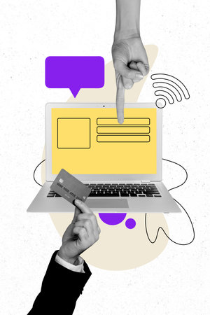 Vertical poster collage computer laptop internet communication interface wifi textbox message credit card finger pointing gestureの写真素材