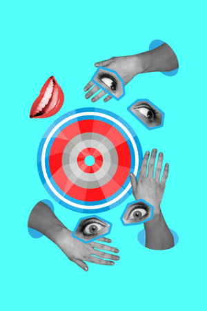 Vertical photo collage of bodyless eyes stare hands mouth lips smile target icon aim achievement operation isolated on painted backgroundの写真素材