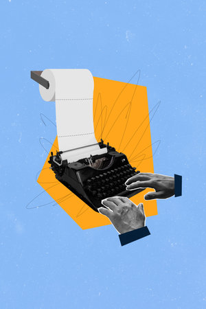 Vertical photo collage of journalist hands push typewriter machine novelist storytelling toilet paper roll isolated on painted backgroundの写真素材