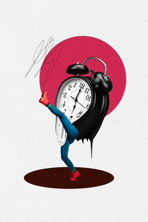 Creative trend collage of clock legs walking dancing deadline time management melt weird freak bizarre unusual fantasyの写真素材