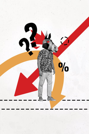Composite trend artwork sketch photo collage of office manager business head horse man stand arrow decrease down question percentの写真素材