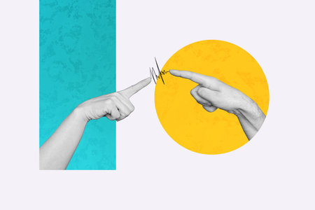 Composite photo collage of hands index fingers reach together point connection doodle cooperation love isolated on painted backgroundの写真素材