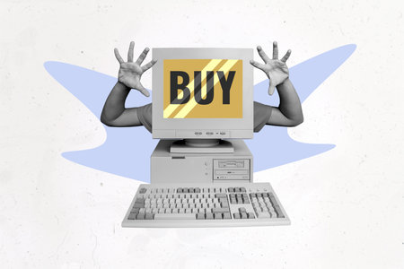 Creative collage computer monitor screen display boo scare frighten hands palms headless caricature body fragment buy online storeの写真素材