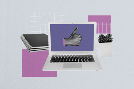 Composite photo collage of hand show like gesture laptop screen notepad book stack flower pot elearn school isolated on painted backgroundの写真素材