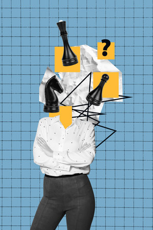 Vertical photo collage of anonym girl instead head black chess figurine plan question mark dilemma tactics isolated on painted backgroundの写真素材