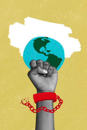 Vertical photo collage of volunteer hand fist gesture planet earth globe protection world conservation isolated on painted backgroundの写真素材