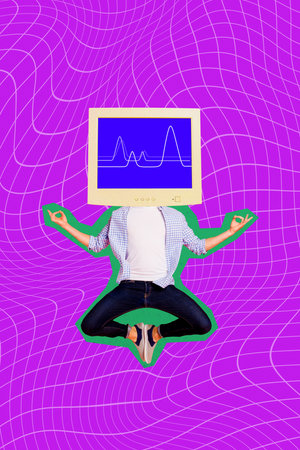 Vertical photo collage of anonym man instead head computer monitor aura yoga practice ai app...