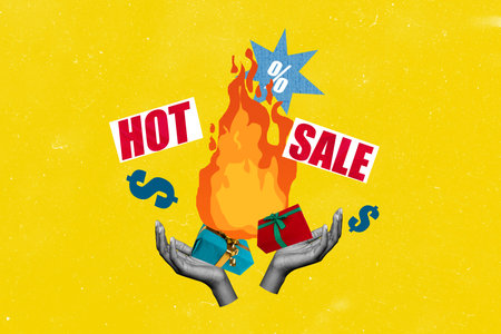 Creative trend collage of hands hot sale banner shopping black friday fire present weird freak bizarre unusual fantasyの写真素材