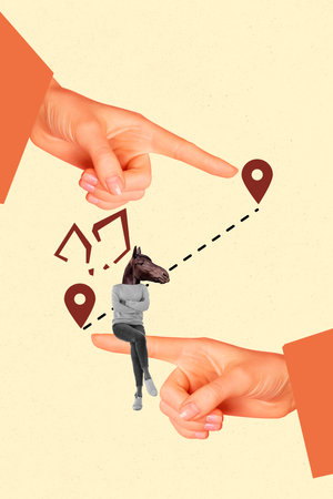 Vertical poster collage young headless woman horse animal head destination lost way path traveler gps location finger pointing gestureの写真素材