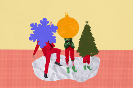 Photo cartoon comics sketch collage of anonym elf santa claus instead body snowflake ball toy new year tree costume on colorful backgroundの写真素材