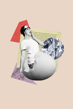 Vertical photo collage of sleepy girl yawn wear mask pajamas peek egg shell breakfast preparation slumber isolated on painted backgroundの写真素材