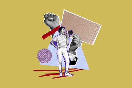 Composite photo collage of happy girl activist hold megaphone scream agitation protest placard fist hand isolated on painted backgroundの写真素材