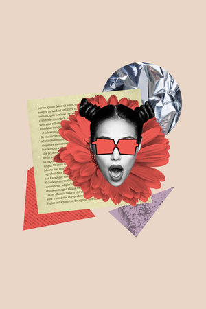 Vertical photo collage of astonished girl open mouth text page book gerbera flower bloom wear sunglass isolated on painted backgroundの写真素材