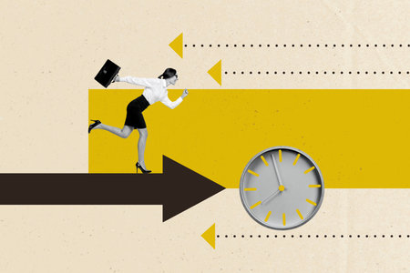 Composite photo collage of happy business girl run promotion arrow development deadline time management isolated on painted backgroundの写真素材