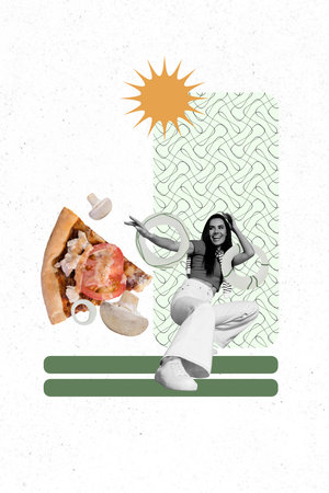 Vertical photo collage of happy girl dance onion ring mushroom vegetable pizza piece nutrition diet isolated on painted backgroundの写真素材