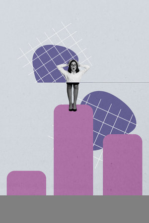 Vertical photo collage of shocked businesswoman hold head stand chart statistics development progress isolated on painted backgroundの写真素材