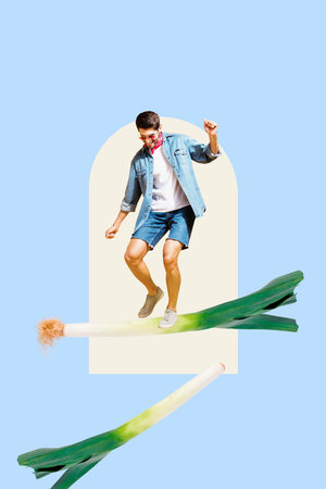 Template collage design trend artwork 3D sketch of copyspace miniature young guy student stand huge onion cook vegetable eat foodの写真素材
