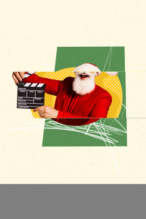 Composite image montage trend artwork 3D collage of new year holiday winter december aged man smile beard wear hat hand hold cinema toolの写真素材