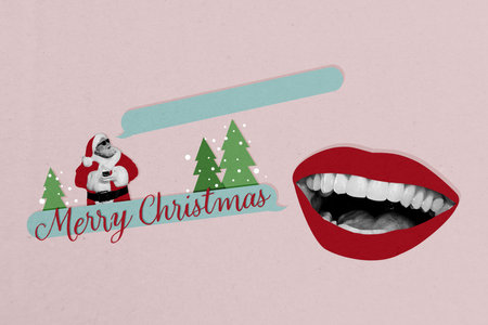 Composite photo collage of happy old man santa claus hold phone bubble message mouth smile teeth winter tree isolated on painted backgroundの写真素材