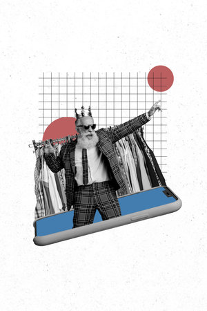 Vertical photo collage of happy old man peek phone screen device hanger clothes black friday shopping sale isolated on painted backgroundの写真素材