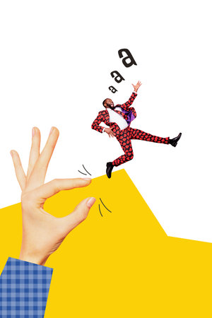 Composite sketch design artwork 3D photo collage of huge hand finger catch miniature man run scream loud voice route way directionの写真素材