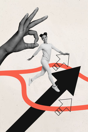 Composite trend artwork sketch image photo collage of office manager workspace young lady walk arrow direction way route hand gesture okayの写真素材