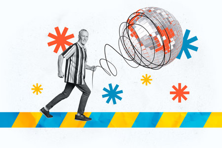 Composite photo collage of happy old man run relax retro event hold string air balloon imitation disco ball isolated on painted backgroundの写真素材