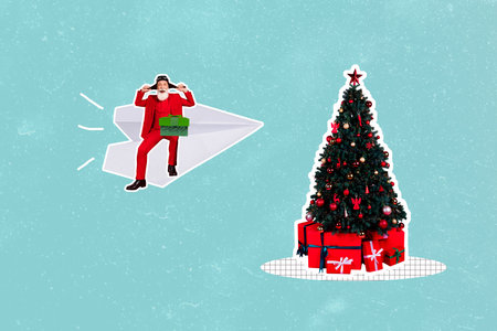 Composite 3d creative image collage of happy old man santa claus ride paper plane fast delivery new year tree present pile surpriseの写真素材
