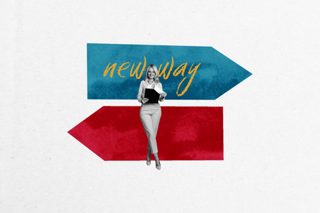 Template sketch trend artwork 3D photo collage of arrow new way direction business start aged woman...