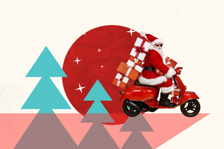 Sketch template design 3D photo collage composite of winter season outdoors new year aged man santa ride motorbike delivery giftboxの写真素材