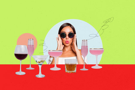 Sketch image trend artwork montage 3D photo collage of young woman eyewear hand hold posing face kiss glass cocktail drink alcoholの写真素材