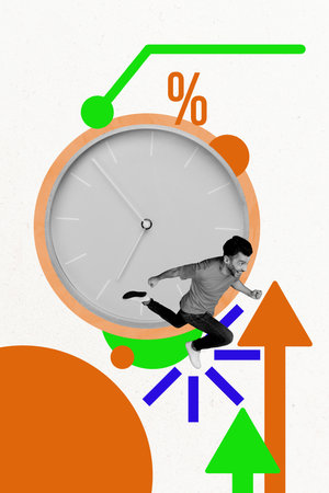 Vertical photo collage of happy businessman run time regime deadline expire arrow development growth isolated on painted backgroundの写真素材